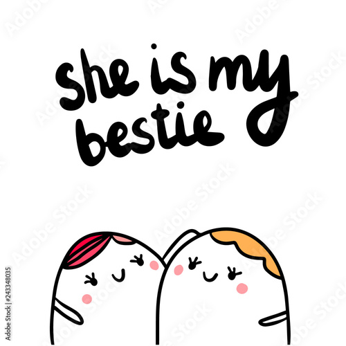 She is my bestie hand drawn illustration with cute marshmallows