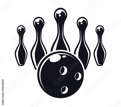 Monochrome flat icons, bowling skittles with ball. Vector illustration, isolated on white background. Sport games. Simple shape for design logo, emblem, symbol, sign, badge, label, stamp.