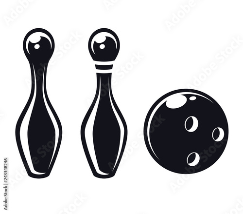 Monochrome flat icons, bowling skittles with ball. Vector illustration, isolated on white background. Sport games. Simple shape for design logo, emblem, symbol, sign, badge, label, stamp.
