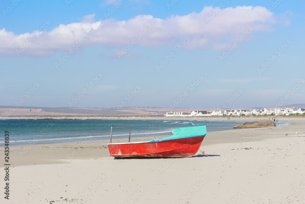 An old fishing boat on the white sand of the beach at Paternoster on a bright summer sunny day - Image An old fishing boat on the white sand of the beach at Paternoster on a bright summer sunny day - Image