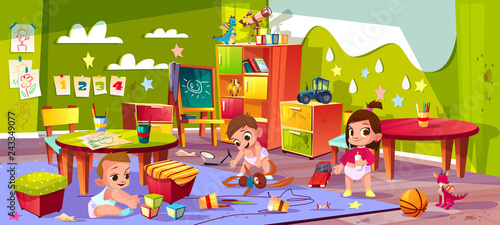 Vector cartoon kindergarten - boys and girl playing together. Children in diapers, montessori school for infants. Education system. Furniture, toys and other elements for teaching and learning kids.