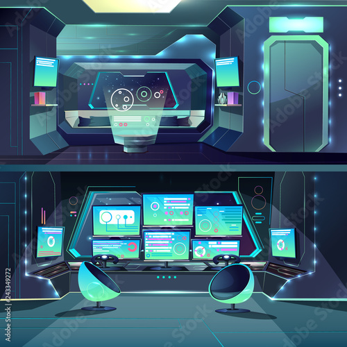 Vector captain cabin in the futuristic spaceship with datacenter, interfaces and servers. Cartoon interior of alien orlop, cockpit in spacecraft, interstellar rocket. Science fiction, game background.