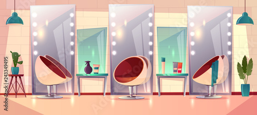 Vector background with female hairdressing salon, interior. Barbershop for women haircutting and makeup. Grooming place with mirror, beauty club with professional devices, towels. Fashion concept.