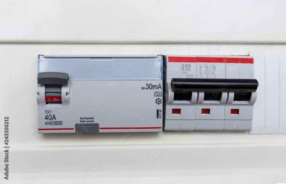 Automatic circuit breakers in a fuse box. Power control panel. Automatic circuit breakers in a fuse box. Power control panel.
