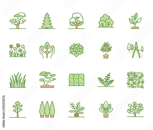 Trees flat line icons set. Plants, landscape design, fir tree, succulent, privacy shrub, lawn grass, flowers vector illustrations. Thin green signs for garden store