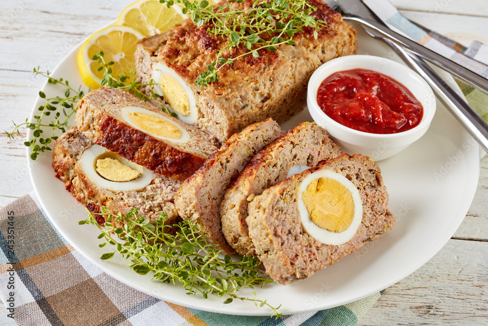 overhead view of tasty Egg Stuffed Meatloaf overhead view of tasty Egg Stuffed Meatloaf