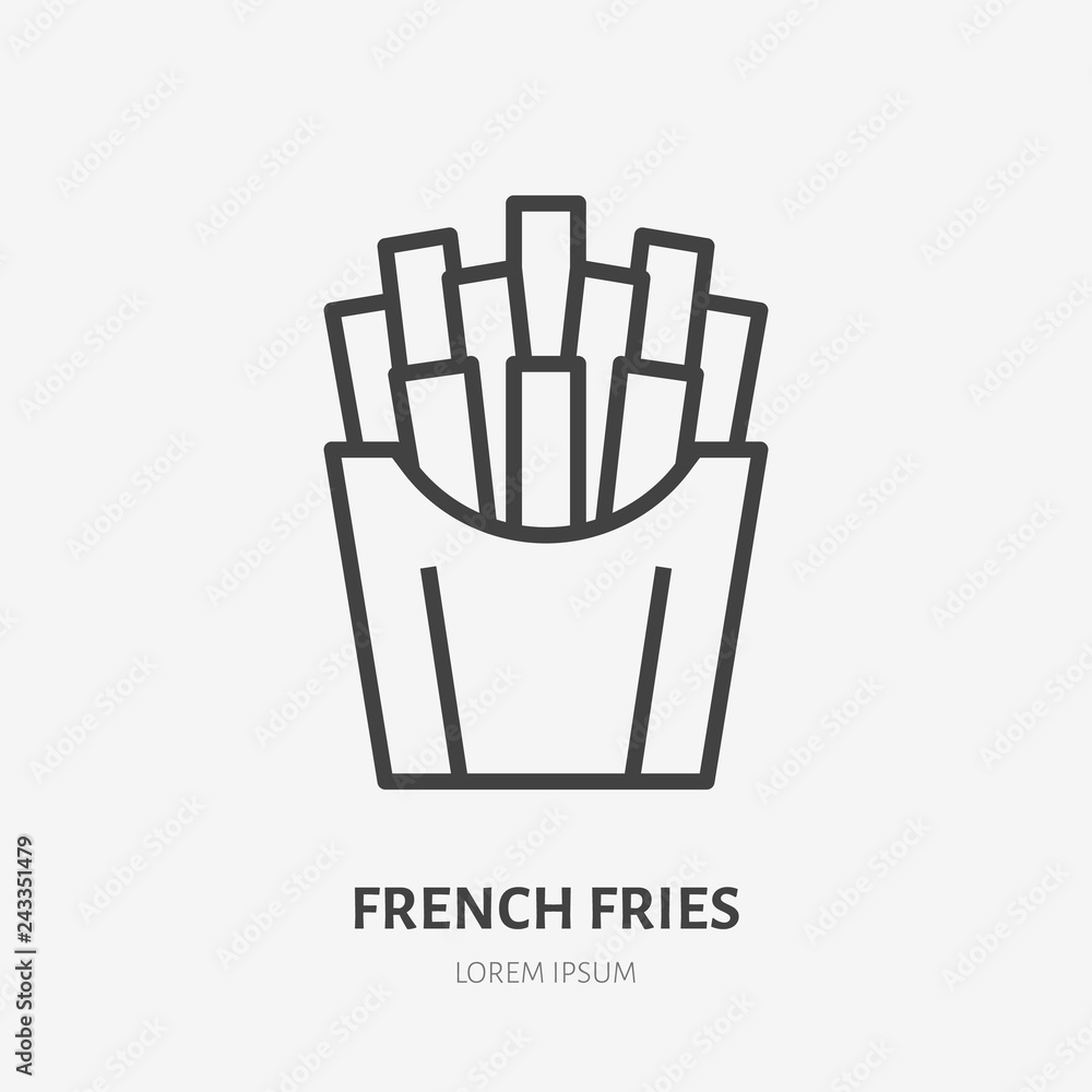 French fries flat line icon. Vector thin sign of fast food, cafe logo. Fried potato illustration for restaurant menu