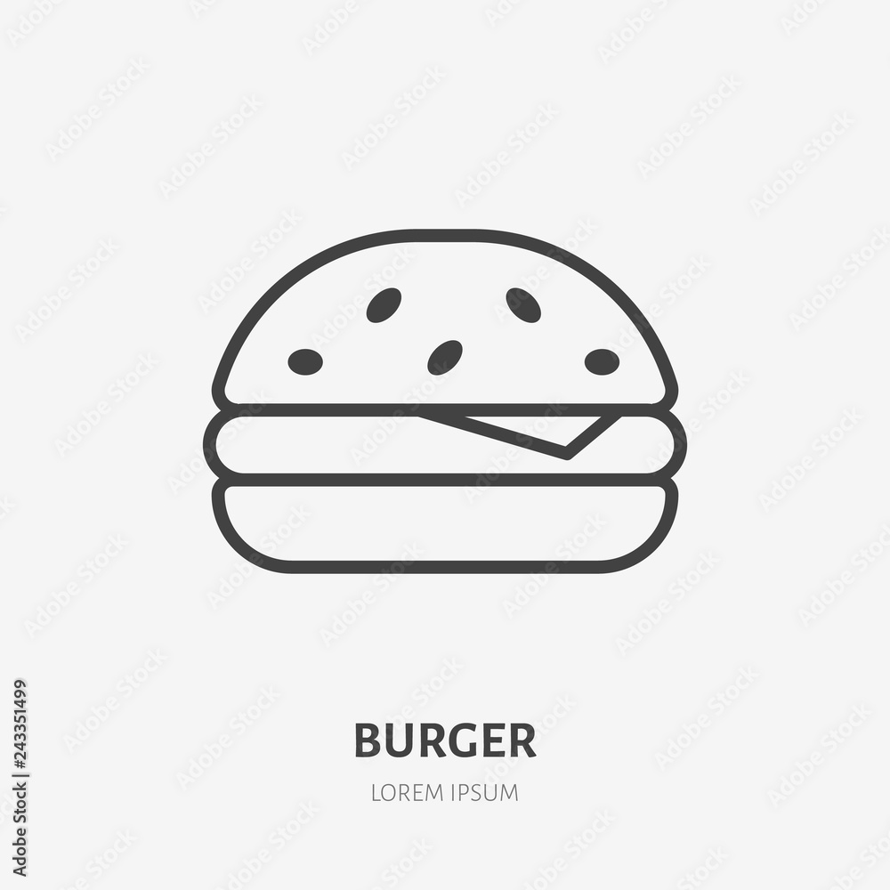 Burger flat line icon. Vector thin sign of fast food cafe logo. Hamburger, sandwich illustration for restaurant menu Burger flat line icon. Vector thin sign of fast food cafe logo. Hamburger, sandwich illustration for restaurant menu