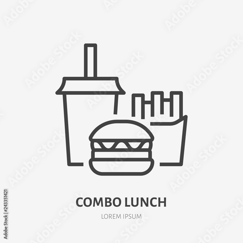 Combo lunch flat line icon. Vector thin sign of fast food, cafe logo. Burger, soda and french fries illustration for restaurant menu