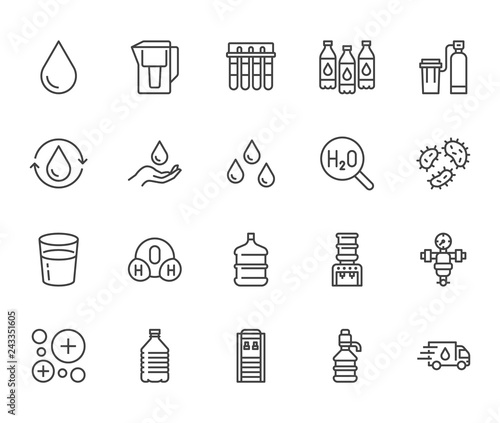Water drop flat line icons set. Aqua filter, softener, ionization, disinfection, glass vector illustrations. Thin signs for bottle delivery. Pixel perfect 64x64. Editable Strokes