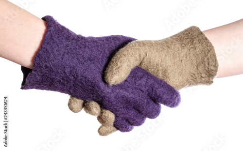 handshake of hands in colour woolen gloves