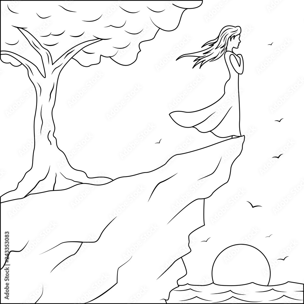Outine drawing girl standing on the edge of the cliff an looking at the