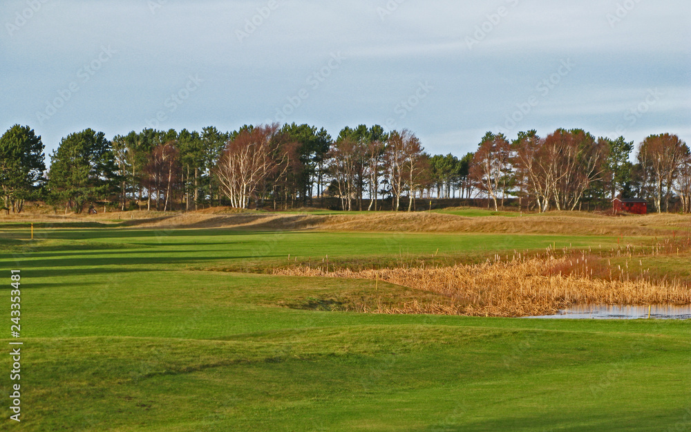 Laesoe / Denmark: View over the short cut green of a beautiful golf course in the deep December sun