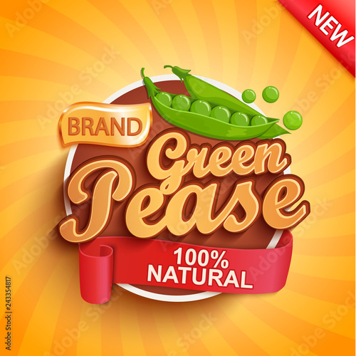 Fresh green pease logo, label or sticker on sunburst background. Natural, organic food.Tasty vegetables,Concept for farmers market, shops, packing and packages, advertising design.Vector illustration.