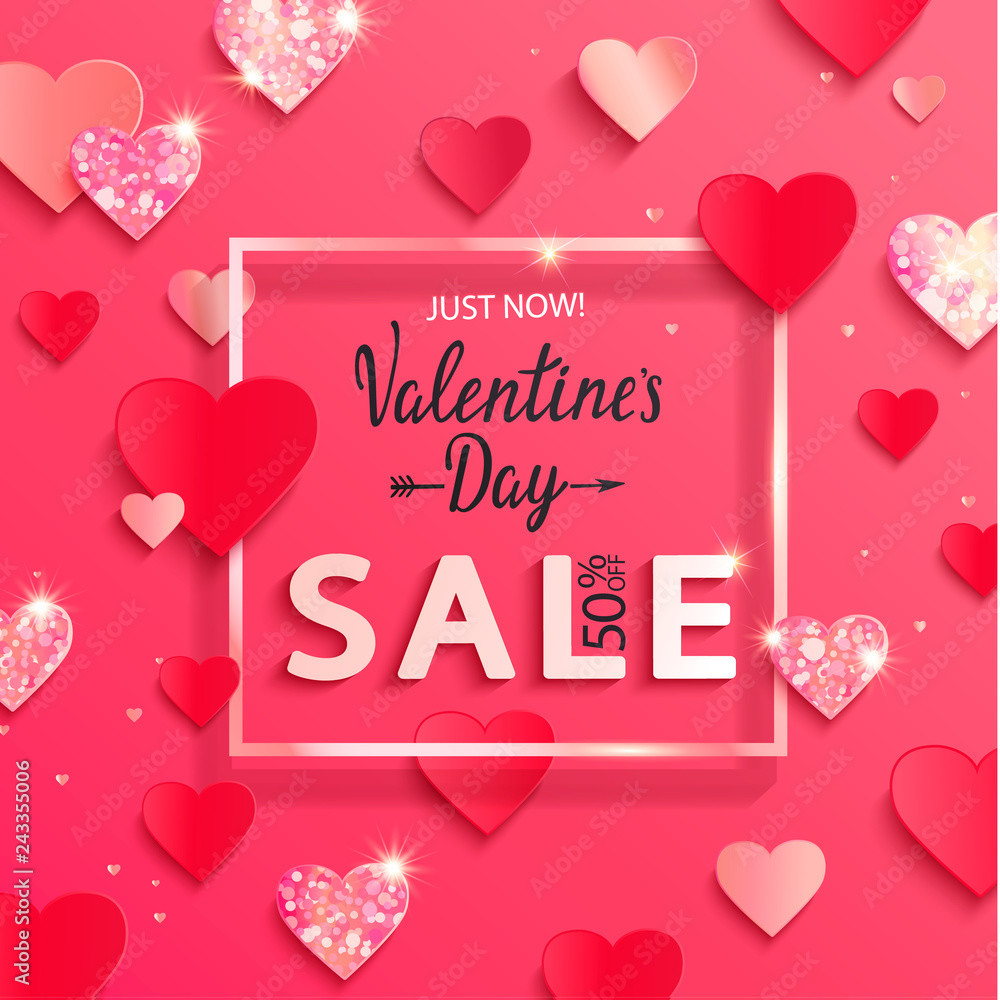 Valentines day sale banner with paper shiny glitter hearts,lettering,poster template.Pink abstract background with shimer hearts ornaments, origami style.Discount flyer,card for february 14.Vector