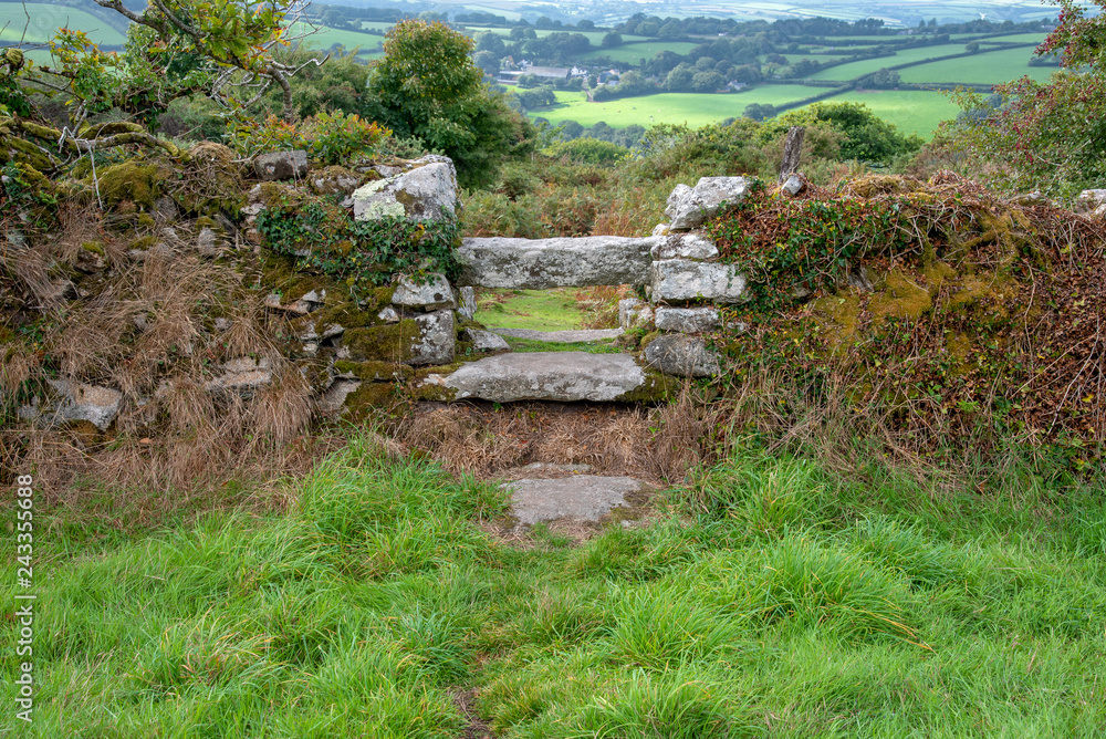 Obraz premium Typical stone stile in Cornwall that allows persons a passage over the wall but prevents livestock to move from one enclosure to another.