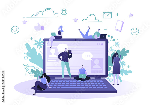 Vector illustration with set of flat people characters chatting in social network. Social media networks concept. Global internet community. Flat design and cartoon style vector Illustration.