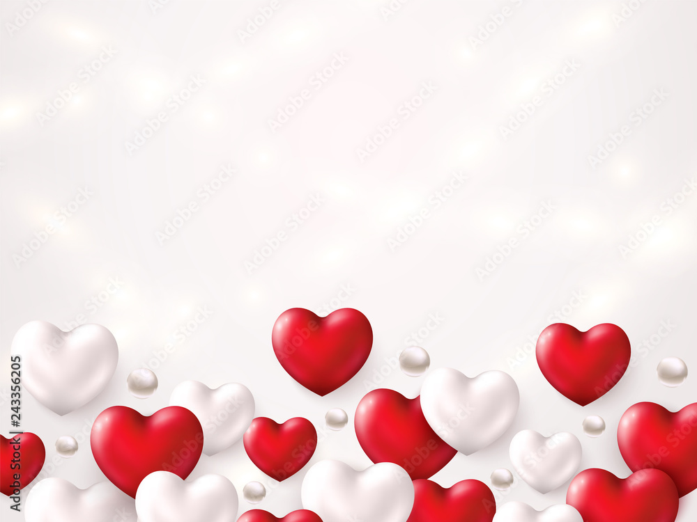 Happy Valentines Day banner. Realistic shiny Heart Red and Silver color on festive backdrop with luminous garland. Greeting card with a place for text. Happy Valentines Day banner. Realistic shiny Heart Red and Silver color on festive backdrop with luminous garland. Greeting card with a place for text.