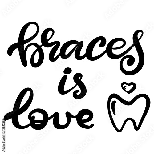 Lettering vector illustration about dental health care with the image of braces on teeth. EPS10. The image of the stages of orthodontic treatment for posters for dental clinic.
