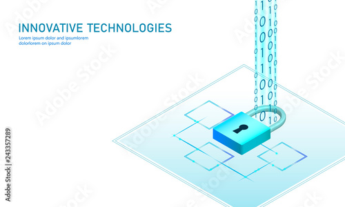 Isometric internet security lock business concept. Blue glowing isometric personal information data connection pc smartphone future technology. 3D infographic vector illustration