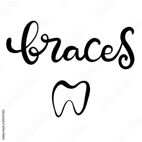 Lettering vector illustration about dental health care with the image of braces on teeth. EPS10. The image of the stages of orthodontic treatment for posters for dental clinic.
