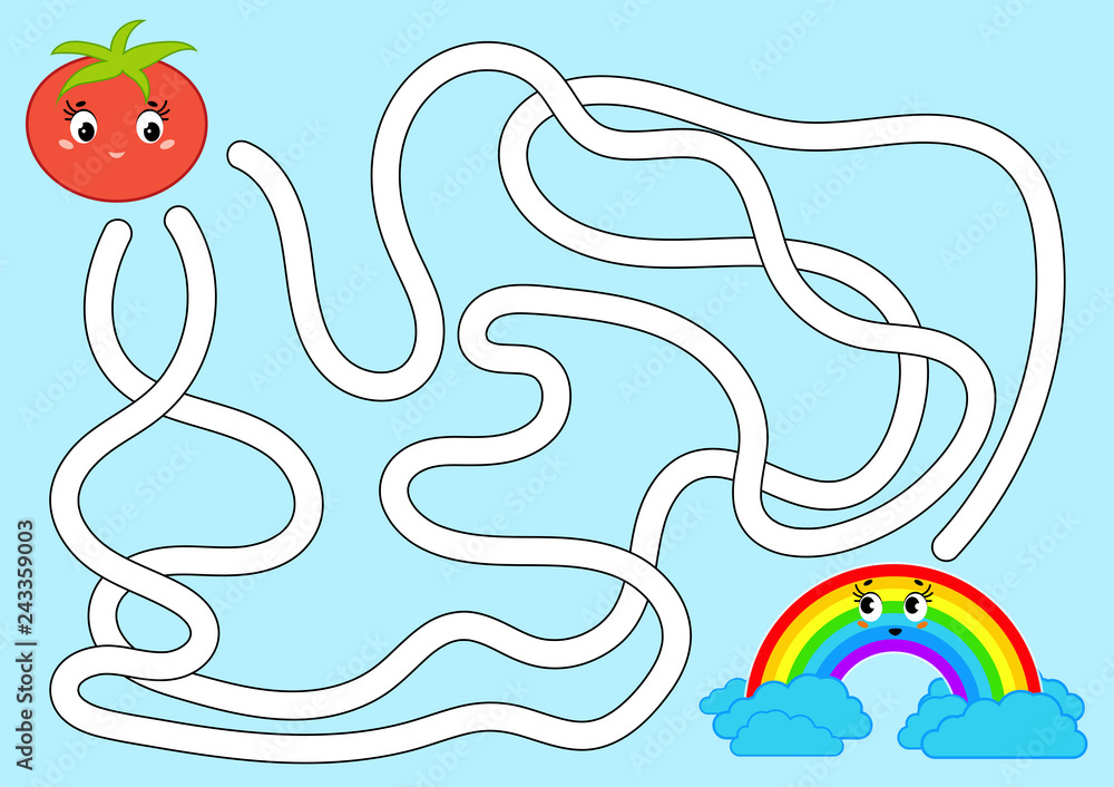 Color abstract maze. Help the tomato get to the rainbow. Kids worksheets. Activity page. Game puzzle for children. Cartoon style. Labyrinth conundrum. Vector illustration. Color abstract maze. Help the tomato get to the rainbow. Kids worksheets. Activity page. Game puzzle for children. Cartoon style. Labyrinth conundrum. Vector illustration.