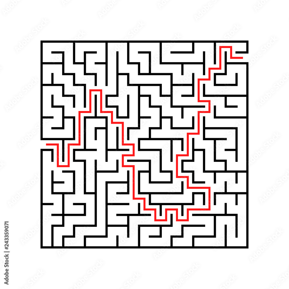 Abstract square maze. Game for kids. Puzzle for children. One entrance, one exit. Labyrinth conundrum. Flat vector illustration isolated on white background. With answer. Abstract square maze. Game for kids. Puzzle for children. One entrance, one exit. Labyrinth conundrum. Flat vector illustration isolated on white background. With answer.