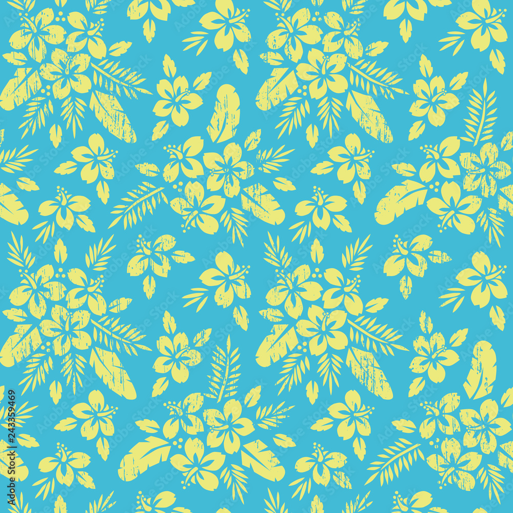 Yellow Tropical Exotic Foliage, Hibiscus Floral Vector Seamless Pattern. Lush Tropical Palm Leaves Yellow Tropical Exotic Foliage, Hibiscus Floral Vector Seamless Pattern. Lush Tropical Palm Leaves