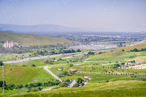 View of the bayshore freeway and the PG E Metcalf electricity substation  south San Jose  San Francisco bay area  California