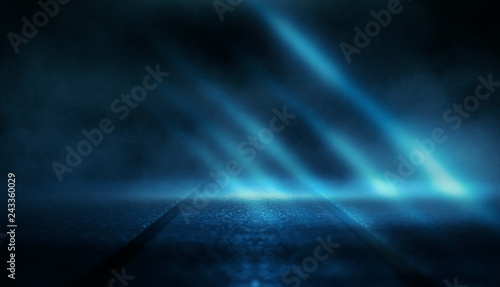 Wallpaper Mural Background of empty dark room with rays of light. Concrete floor with light reflection. Smoke, neon blue light Torontodigital.ca