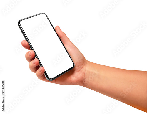 Woman holding black smartphone with blank screen isolated on white photo