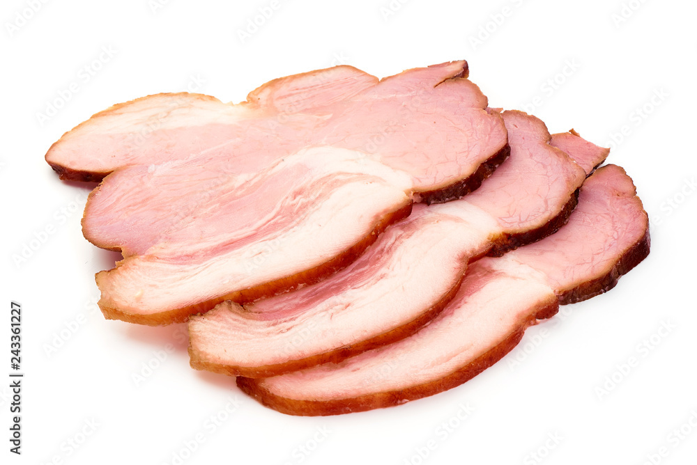 Sliced Smoked Meat Delicatessen, closeup, isolated on a white background Sliced Smoked Meat Delicatessen, closeup, isolated on a white background