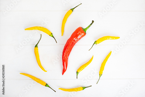 Chili peppers of red and yellow color on  wite wooden background. Composition of spicy ingredients. Food art concept. photo
