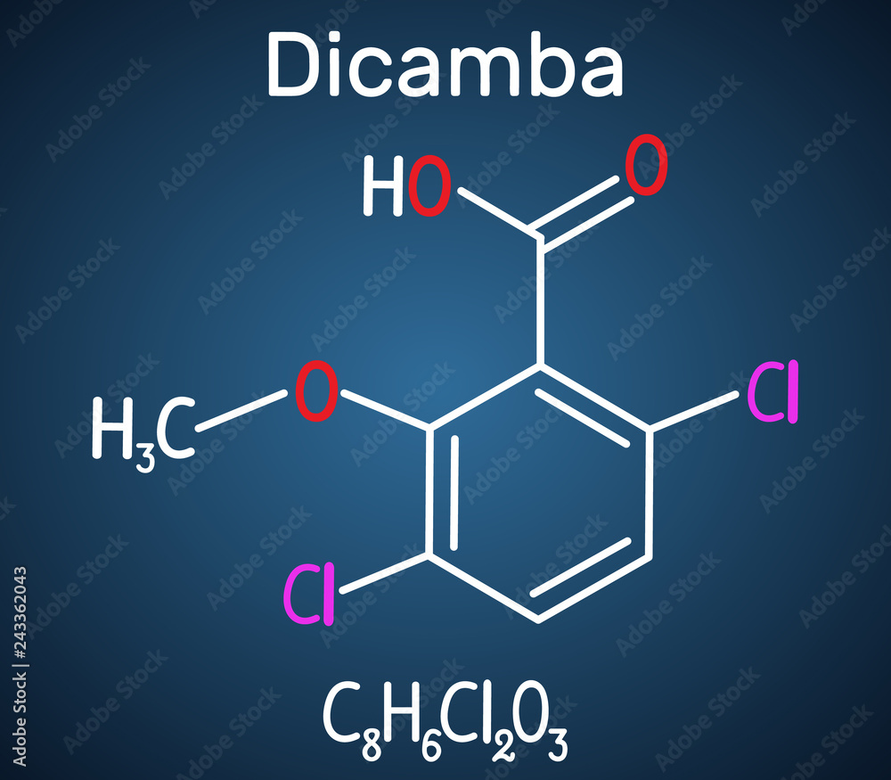 Dicamba molecule. Structural chemical formula on the dark blue background Dicamba molecule. Structural chemical formula on the dark blue background