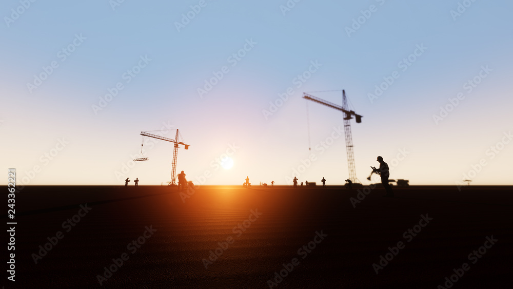 Engineer and construction workers and silhouette cranes 3d rendering