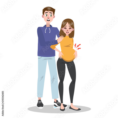 Woman with strong contractions. Pain in belly