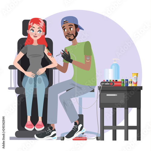 Man makes tattoo on the shoulder for young woman
