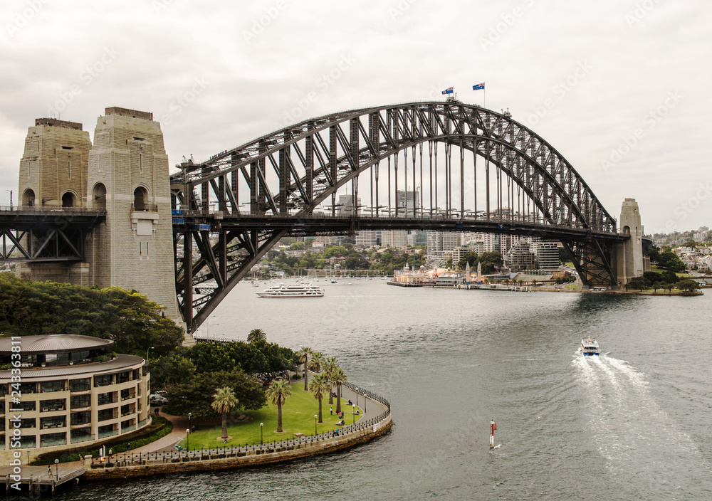 View of the iconic Sydney Harbor Bridge and North Shore in Sydney, New South Wales, Australia