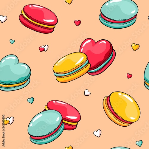 Vector seamless pattern with doodle macaroons and hearts. Valentine's day pattern with cute cartoon macaroons. Hand drawn image with heart shape french macaroons. For fabric and wrapping paper.