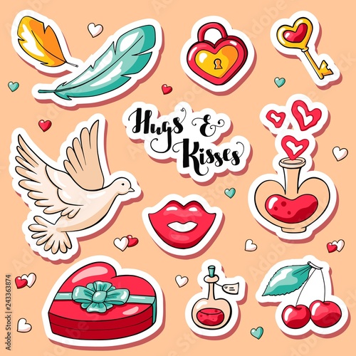 Cute doodle Valentine's day stickers. Vector hand drawn images of hearts, pigeons, cherry, feather, heart shaped box, love potion and heart shaped lock with key. Hugs and kisses lettering. photo