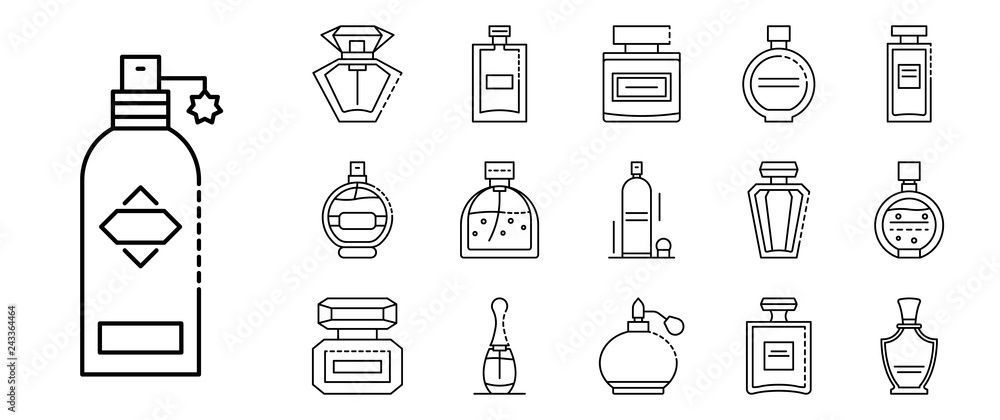 Fragrance bottles icons set. Outline set of fragrance bottles vector icons for web design isolated on white background Fragrance bottles icons set. Outline set of fragrance bottles vector icons for web design isolated on white background