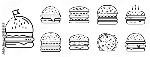Burger icons set. Outline set of burger vector icons for web design isolated on white background