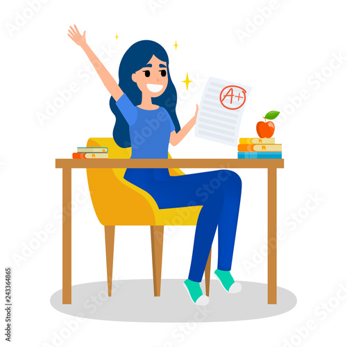 Girl holding paper sheet with grade on it