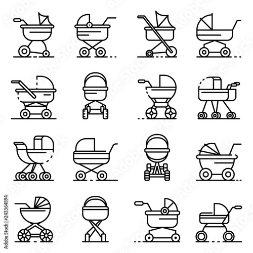 Pram icons set. Outline set of pram vector icons for web design isolated on white background