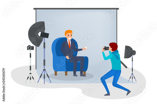 Businessman making photoshoot sitting in the armchair