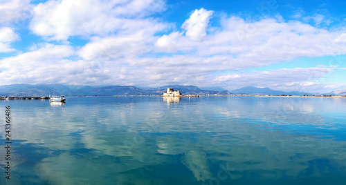 landscape of the water castle of Bourtzi - a Venetian castle in the middle of the harbour of Nafplio Argolis Greece