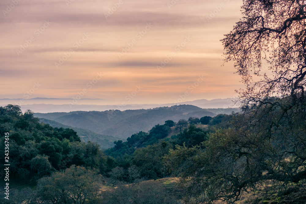 Sunset landscape in Henry W. Coe State Park, south San Francisco bay, California