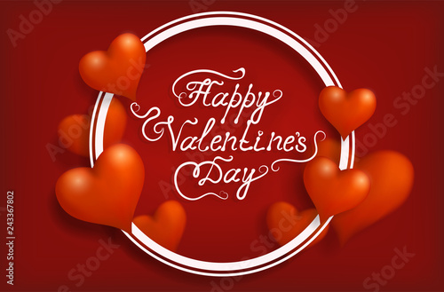 Valentine's Day greeting banner card with bulk 3d hearts on red background in round white frame and handwriting romantic lettering