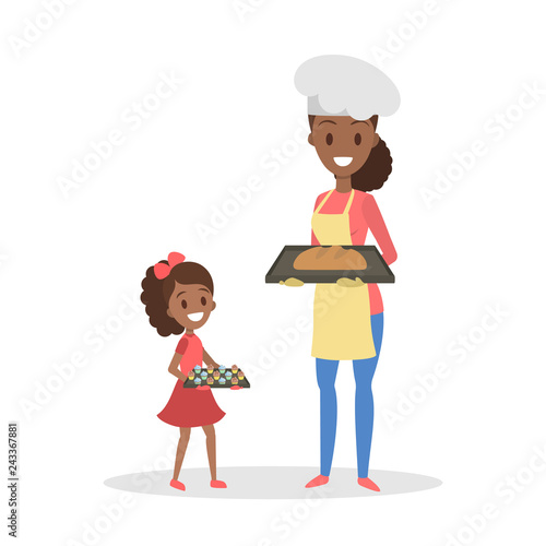 Mother and daughter cooking at home. Homemade bakery