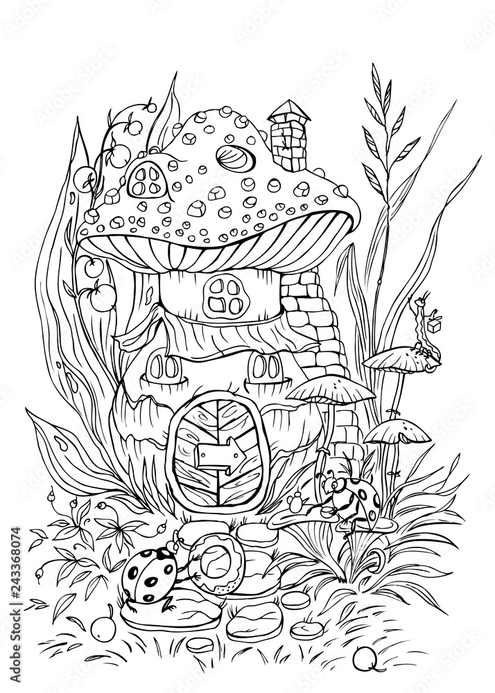 House in the form of amanita and its inhabitants, ladybugs vector illustration.